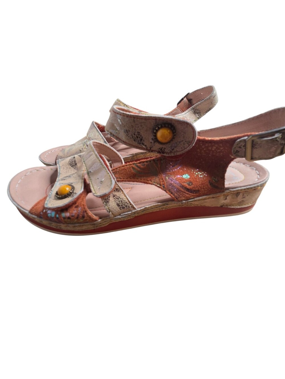 L'Artiste Payokya Sandals Womens 39 Peach Multi Leather Floral Boho Metallic